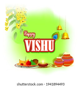 Vektorgrafik von Happy Vishu Konzept Banner. kerala Neujahr, indisches rückwärts Festival Poster mit Vishu Blumen und Töpfen.