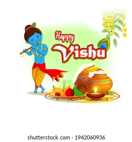 Vector illustration of Happy Vishu concept banner. kerala New Year, Indian hindu festival poster with vishu flowers and pots.