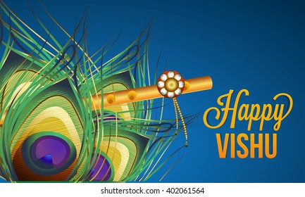 Vector illustration of Happy Vishu typogrphy with flute tradisonal Background