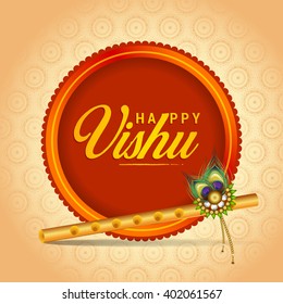 Vector illustration of Happy Vishu typogrphy with flute tradisonal Background