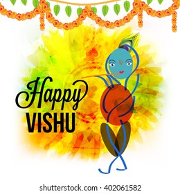 Vector illustration of Happy Vishu typogrphy with flute tradisonal Background