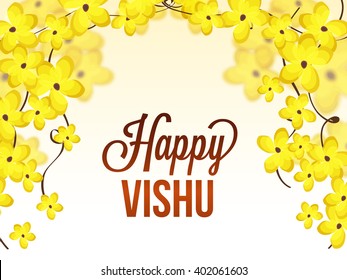 Vector illustration of Happy Vishu typogrphy with flute tradisonal Background