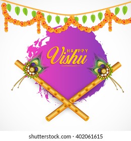 Vector illustration of Happy Vishu typogrphy with flute tradisonal Background