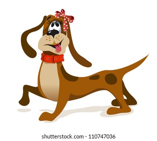 Vector Illustration of Happy Walking Dog with a Hair Bow