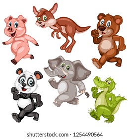 Vector Illustration of Happy Walking Pig, Kangaroo, Bear, Panda, Elephant and Alligator. Cute Cartoon Animals Running Isolated on a White Background. Happy Animals Set