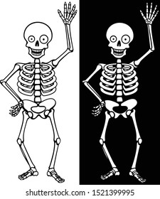 Vector illustration of a happy, waving cartoon skeleton, against a white and a black background.