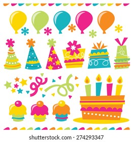 A vector illustration of happy and whimsical birthday party related design elements.