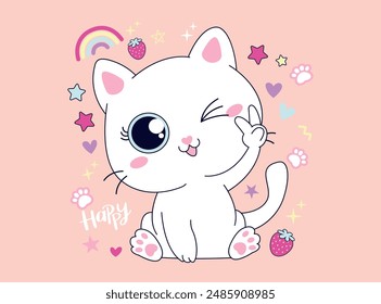 Ilustración vectorial, felíz gato blanco posando. Diseño para imprimir en camisa, Plantillas para celebración, póster, Anuncio. Estampado precioso para la camiseta