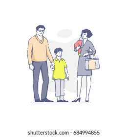 Vector illustration of happy white man and woman standing with their kids together.