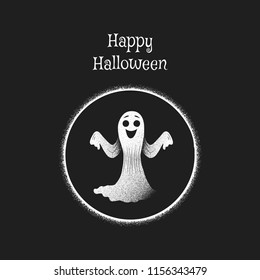 Vector illustration of happy white textured ghost in the circle with text happy halloween on the black background.