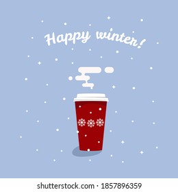 Vector illustration Happy winter. Christmas hot coffee and snow.