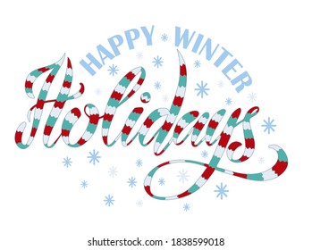 Vector illustration of Happy Winter Holidays text for logotype, t-shirt, banner, poster, decoration, postcard. Happy Winter Holidays calligraphy background. Happy Winter Holidays lettering. EPS 10.