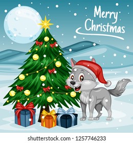 Vector Illustration of a Happy Wolf  Next to Christmas Tree. Wolf   Wearing a Christmas Hat. Cute Cartoon Wolf   Cheering On Winter Background. Happy Animals Set