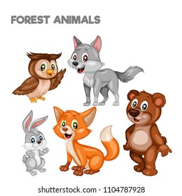 Vector Illustration of a Happy Wolf, Owl, Rabbit, Fox and Bear. Cute Cartoon Forest Aniamls Isolated on a White Background. Happy Animals Set