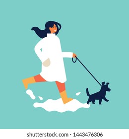 Vector illustration of happy woman in autumn season clothes. Young girl enjoying her time outdoors in park walking with dog