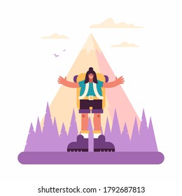 Vector illustration of happy woman with backpack stretching out arms and smiling while standing near mountain and forest in nature