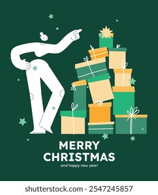 Vector illustration of a happy woman with Christmas tree from presents. Festive celebration concept. Merry Christmas and happy new year banner. Simple cheerful header with copyspace. 