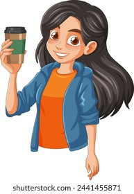 Ilustración vectorial de una mujer feliz con café