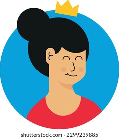 Vector illustration of a happy woman with a crown. Happiness and self-understanding. VIP user. Important person.