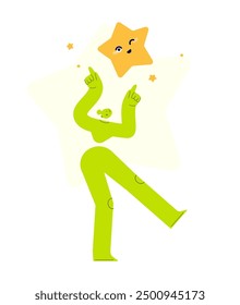 Vector illustration of a happy woman, dancing under a big happy star. Happiness, positivity and mindfulness. Abstract female character in good mood. Mental health and positive thinking concept. 