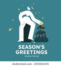 Vector illustration of a happy woman, decorating christmas tree. Festive celebration concept. Merry Christmas and happy new year banner. Simple cheerful header with copyspace. 