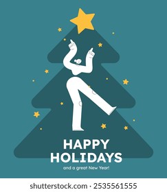 Vector illustration of a happy woman, decorating christmas tree. Festive celebration concept. Merry Christmas and happy new year banner. Simple cheerful header with copyspace. 