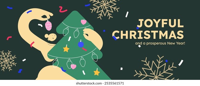 Vector illustration of a happy woman, decorating christmas tree. Festive celebration concept. Merry Christmas and happy new year banner. Simple cheerful header with copyspace. 