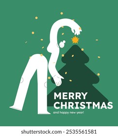 Vector illustration of a happy woman, decorating christmas tree. Festive celebration concept. Merry Christmas and happy new year banner. Simple cheerful header with copyspace. 