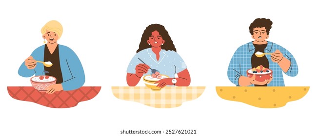 Vector illustration of a happy woman and a guy with a girl with tired expressions eating yogurt. Healthy breakfast with strawberries, cherries and mango