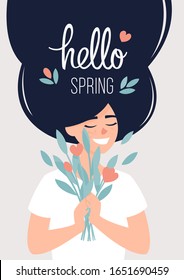 Vector illustration of happy woman holding a bouquet of flowers and the text hello spring