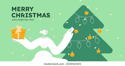 Vector illustration of a happy woman, holding wrapped present. Festive celebration concept. Merry Christmas and happy new year banner. Simple cheerful header with copyspace. 