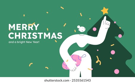 Vector illustration of a happy woman, holding decorative ball. Festive celebration concept. Merry Christmas and happy new year banner. Simple cheerful header with copyspace. 