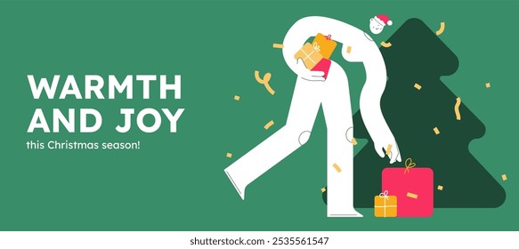 Vector illustration of a happy woman, holding presents. Festive celebration concept. Merry Christmas and happy new year banner. Simple cheerful header with copyspace. 