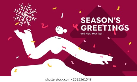 Vector illustration of a happy woman, holding a snowflake. Festive celebration concept. Merry Christmas and happy new year banner. Simple cheerful header with copyspace. 