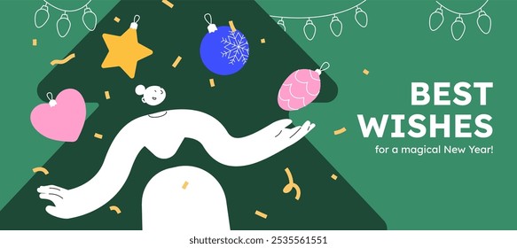 Vector illustration of a happy woman, holding decorative ball. Festive celebration concept. Merry Christmas and happy new year banner. Simple cheerful header with copyspace. 