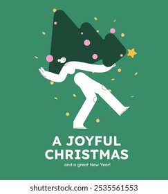 Vector illustration of a happy woman, holding christmas tree. Festive celebration concept. Merry Christmas and happy new year banner. Simple cheerful header with copyspace. 