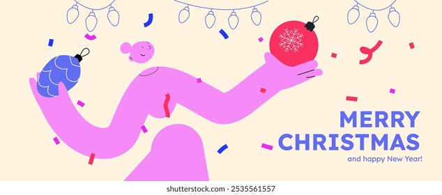 Vector illustration of a happy woman, holding decorative ball. Festive celebration concept. Merry Christmas and happy new year banner. Simple cheerful header with copyspace. 