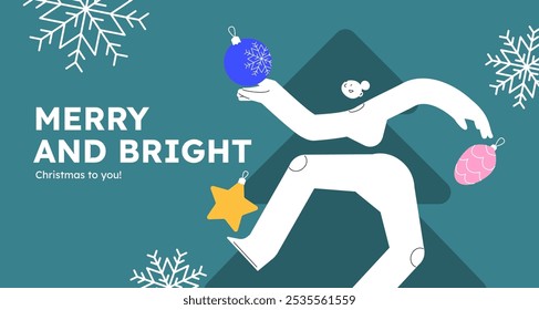 Vector illustration of a happy woman, holding christmas tree. Festive celebration concept. Merry Christmas and happy new year banner. Simple cheerful header with copyspace. 