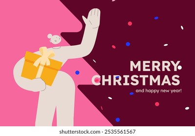 Vector illustration of a happy woman, holding wrapped present. Festive celebration concept. Merry Christmas and happy new year banner. Simple cheerful header with copyspace. 