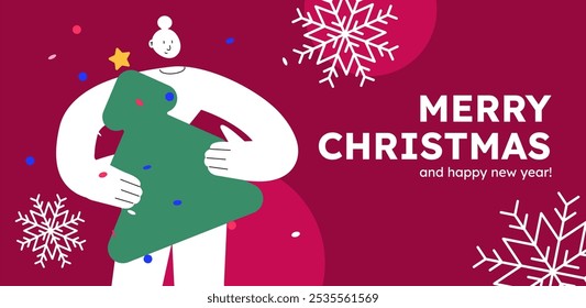 Vector illustration of a happy woman, holding christmas tree. Festive celebration concept. Merry Christmas and happy new year banner. Simple cheerful header with copyspace. 