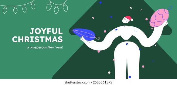 Vector illustration of a happy woman, holding decorative ball. Festive celebration concept. Merry Christmas and happy new year banner. Simple cheerful header with copyspace. 