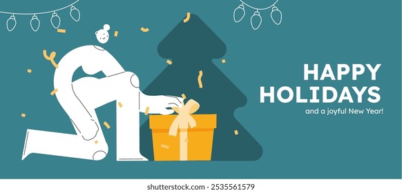 Vector illustration of a happy woman, holding wrapped present. Festive celebration concept. Merry Christmas and happy new year banner. Simple cheerful header with copyspace. 