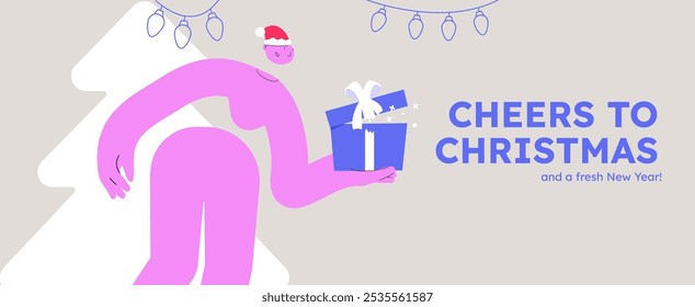 Vector illustration of a happy woman, holding wrapped present. Festive celebration concept. Merry Christmas and happy new year banner. Simple cheerful header with copyspace. 