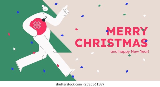 Vector illustration of a happy woman, holding decorative ball. Festive celebration concept. Merry Christmas and happy new year banner. Simple cheerful header with copyspace. 