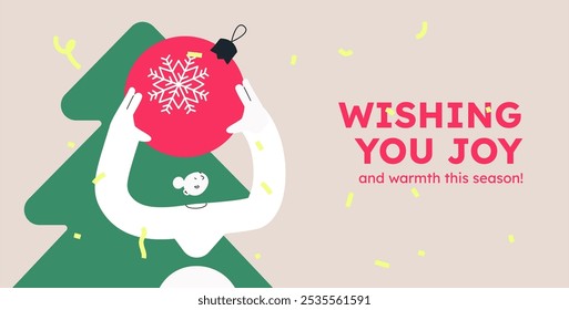 Vector illustration of a happy woman, holding decorative ball. Festive celebration concept. Merry Christmas and happy new year banner. Simple cheerful header with copyspace