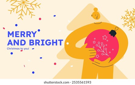 Vector illustration of a happy woman, holding decorative ball. Festive celebration concept. Merry Christmas and happy new year banner. Simple cheerful header with copyspace. 