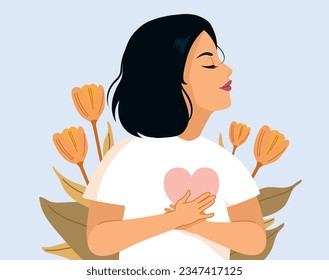 Vector illustration happy woman hugging herself expressing self love and care. Female person confidence concept taking care of mental healthcare