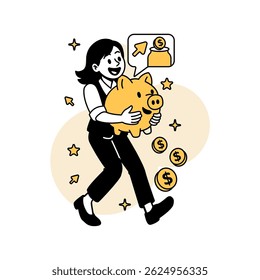 Vector illustration of a happy woman hugging a large piggy bank with flying coins, representing smart savings, financial planning, and growing business investments.