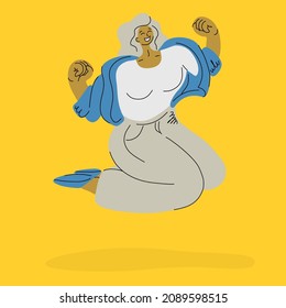 Vector illustration of happy woman jumping. Bodypositive girl in flat style. Portrait of playful crazy girl jumping in the air enjoying weekend having perfect mood isolated on the yellow background