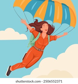 Vector illustration happy woman jumping with parachute. Skydiver soars in clouds. Extreme sport. Flat style postcard